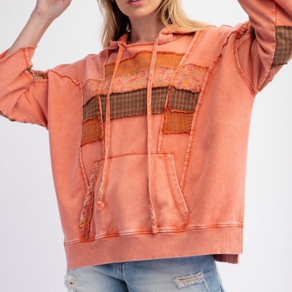 NEW EASEL CLOTHING WASHED TERRY KNIT PULLOVER HOODIE PATCHWORK SWEATSHIRT SMALL - Picture 3 of 5